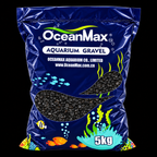 Illustrative OceanMax Black fine aquarium gravel 5 kg bag on black background