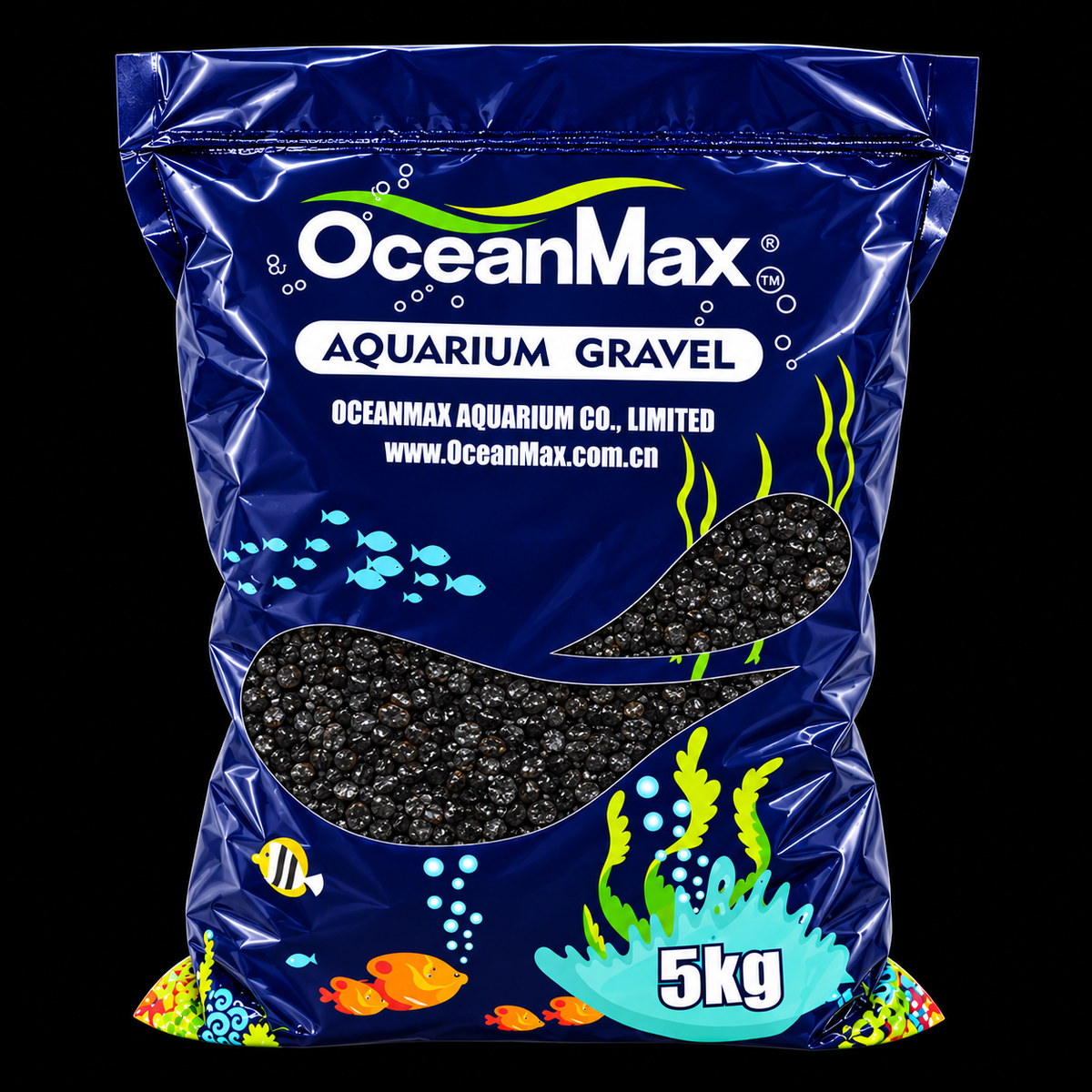 Illustrative OceanMax Black fine aquarium gravel 5 kg bag on black background