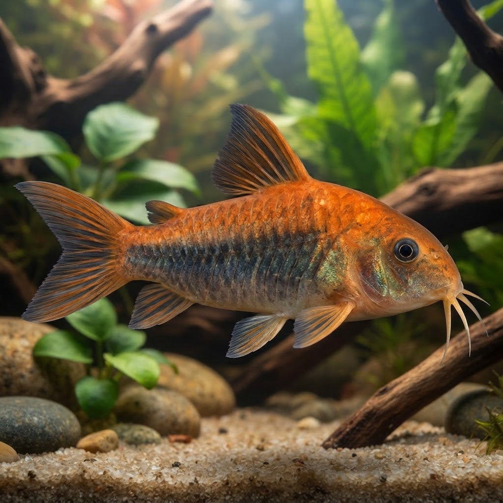 Orange Venezuela Corydoras — natural planted aquarium illustration