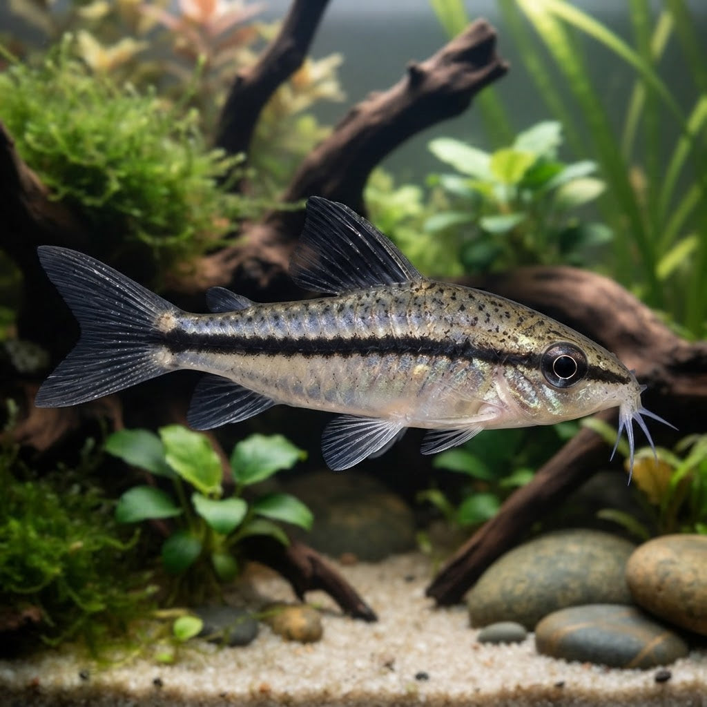 Pygmy Corydoras — natural planted aquarium illustration