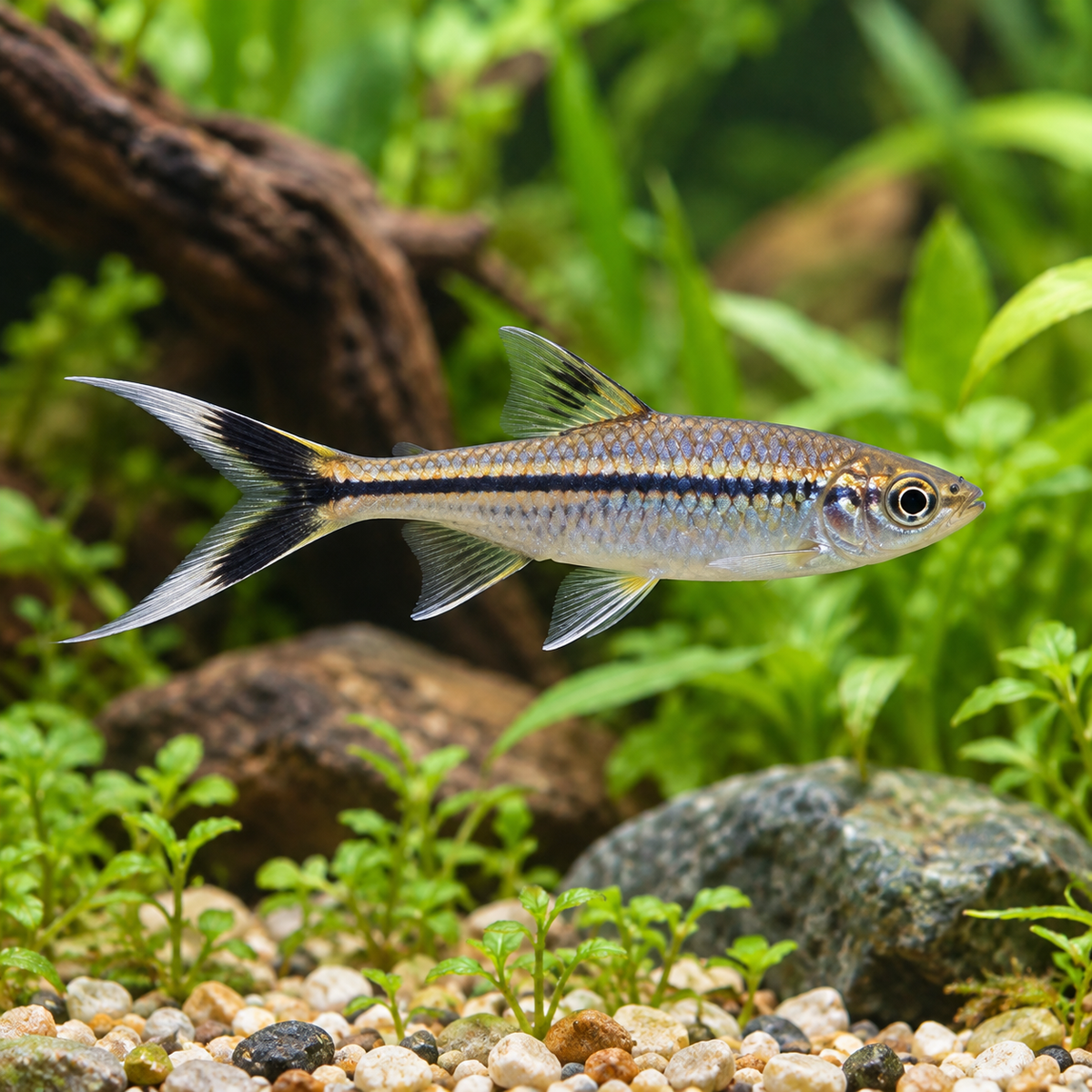 Scissortail Rasbora in a planted aquarium, illustrative image