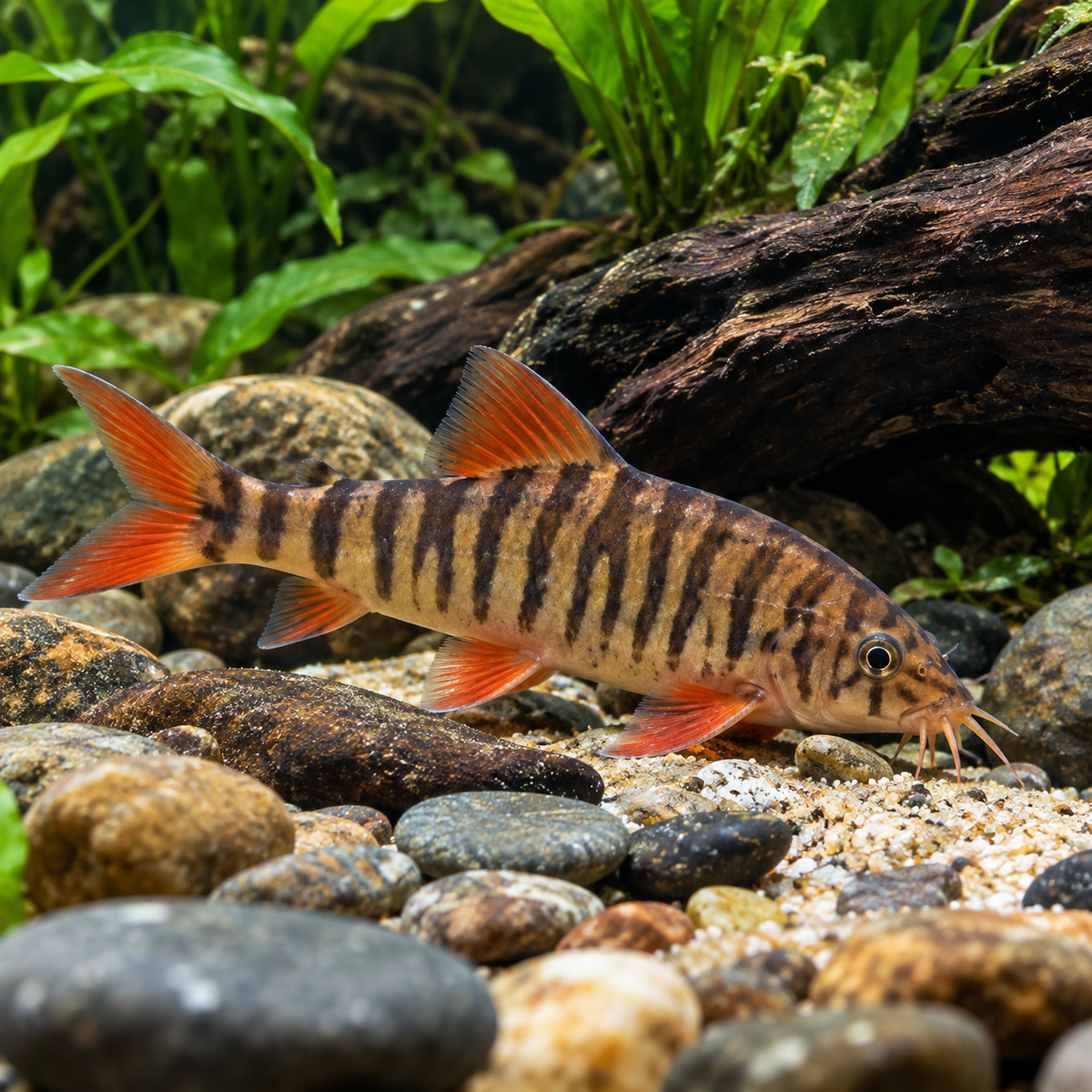 Tiger Redtail Botia with dark tiger bands and orange-red fins in a natural river-style aquarium